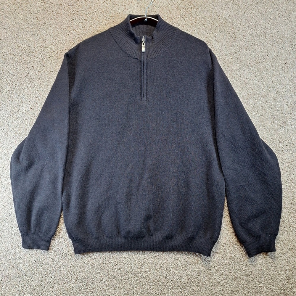 Structure Sweater Men XL Black 100% Merino Wool Quarter Zip Pullover Business